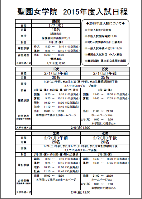 2015年度　入試日程　決定しました。